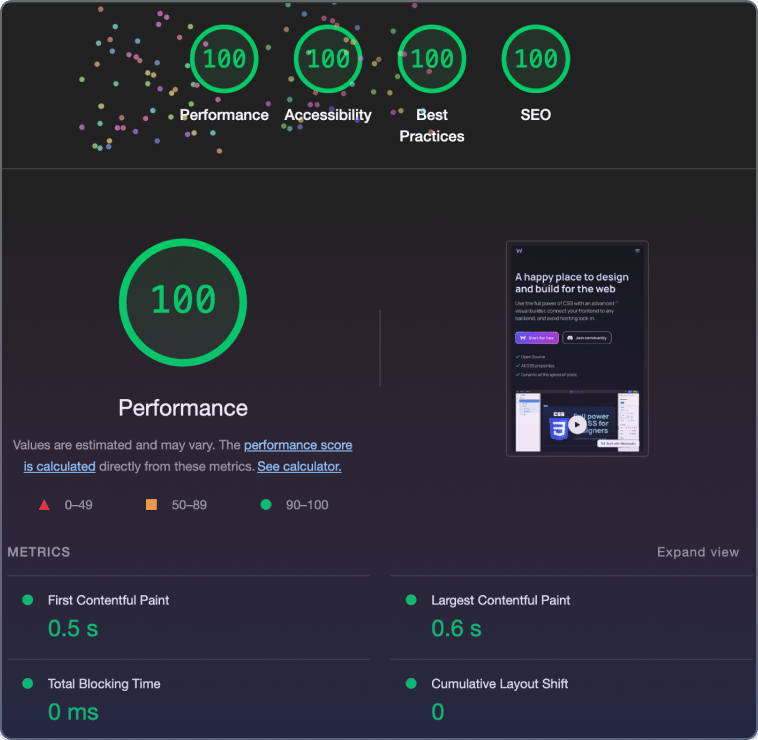 perfect lighthouse scores on webstudio's website for mobile